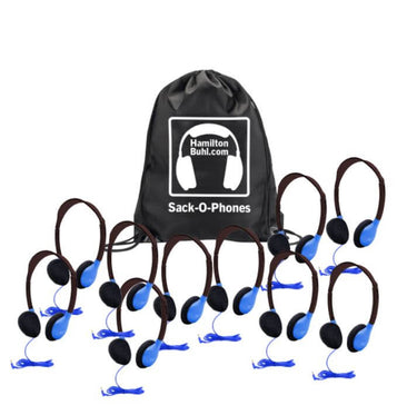 HamiltonBuhl Sack-O-Phones: 10 blue personal headphones in a carry bag, perfect bulk school headphones for education.